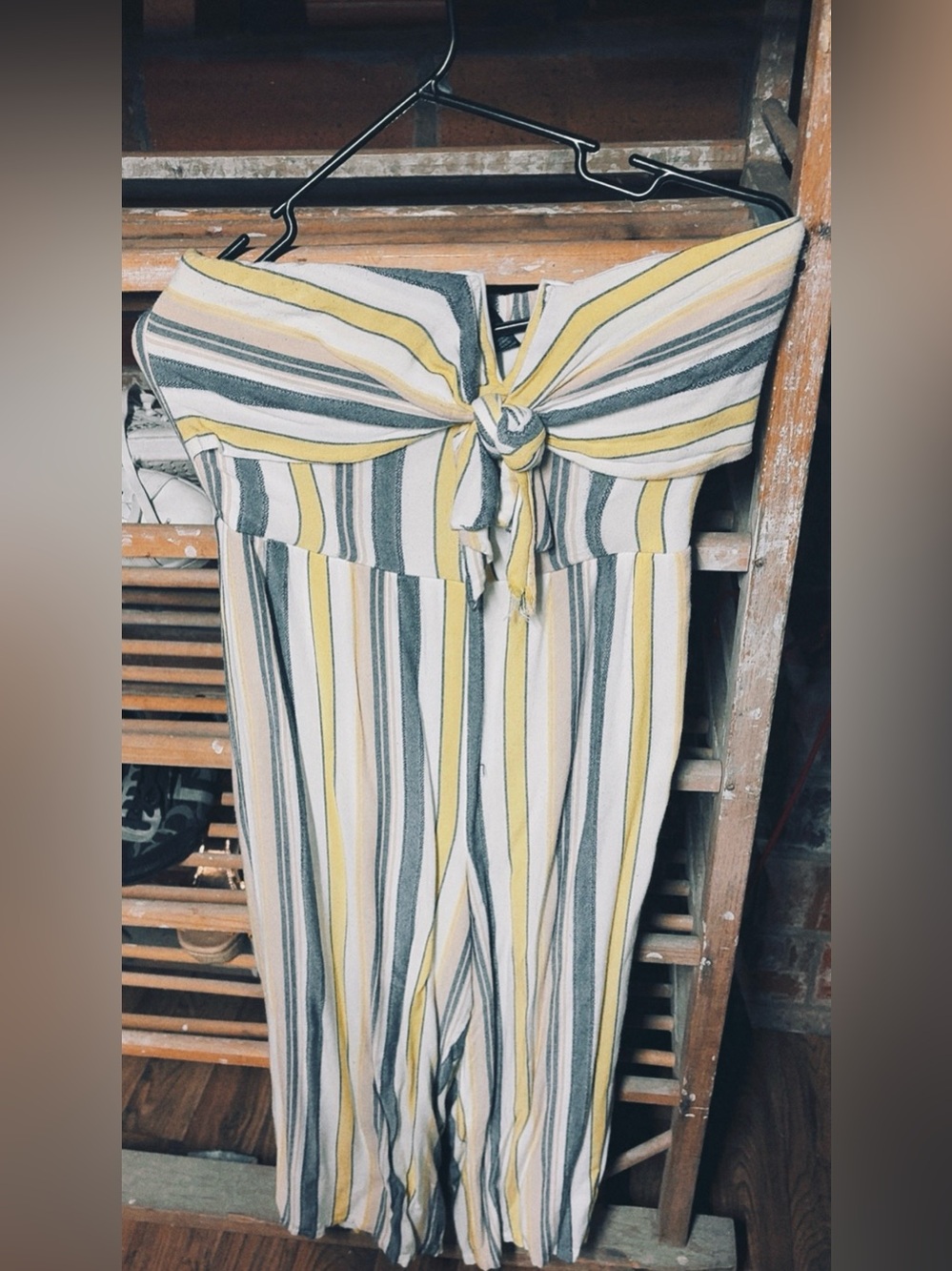 Daytrip Strapless Tie-Front Striped Jumpsuit in Yellow, Gray & White